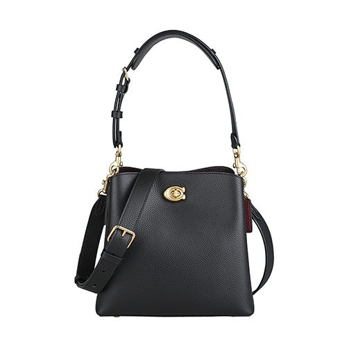 【COACH】Willow Bucket古銅金C字LOGO牛皮搭緹花布襯裡斜背兩用水桶包(黑)