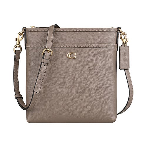 【COACH】Kitt 黃銅C字LOGO粒面皮革拉鍊斜背包(暗石灰褐)