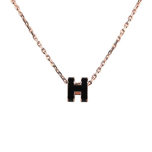 【HERMES 愛馬仕】Mini Pop 金屬H字LOGO鏤空琺瑯項鍊(玫瑰金x黑)