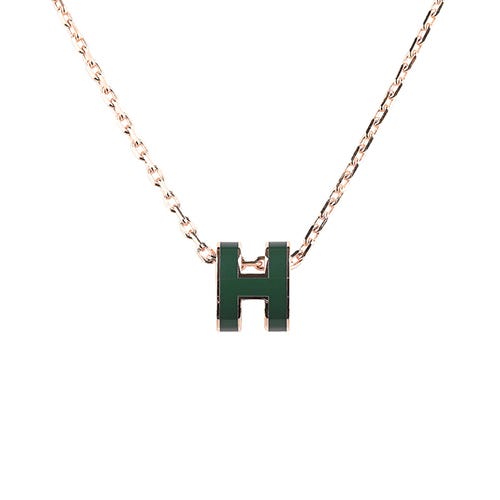 【HERMES 愛馬仕】Mini Pop 金屬H字LOGO鏤空琺瑯項鍊(玫瑰金x翠綠)
