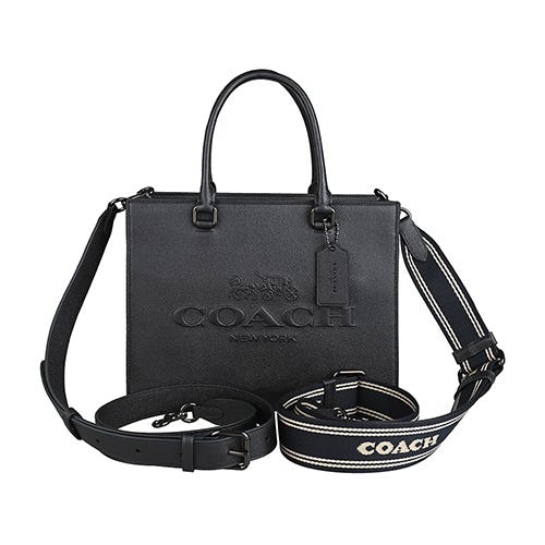 【COACH】立體浮雕LOGO牛皮拉鍊斜背兩用托特包(黑)