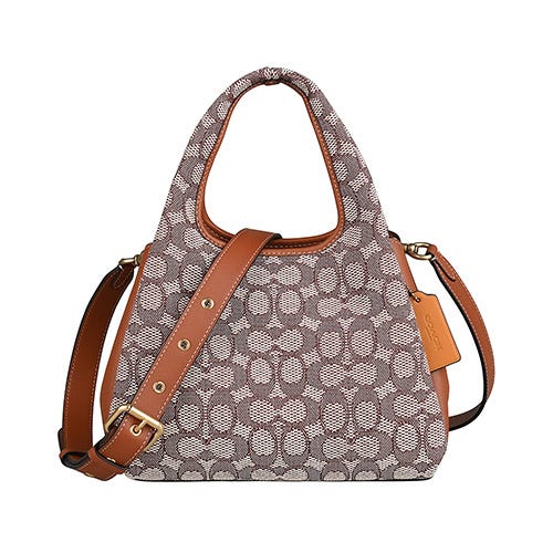 【COACH】Lana 23刺繡C字LOGO緹花帆布拼牛皮開放式斜背兩用包(棕x琥珀)