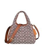 【COACH】Lana 23刺繡C字LOGO緹花帆布拼牛皮開放式斜背兩用包(棕x琥珀)