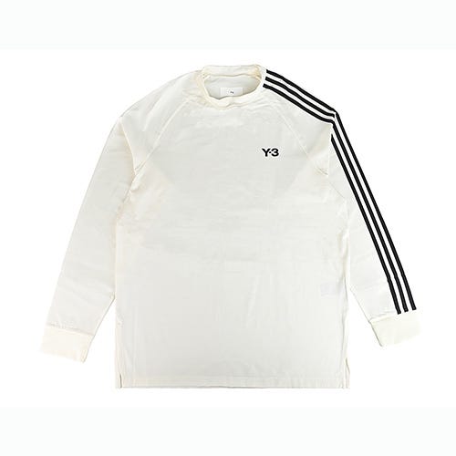 【Y-3】英文LOGO左肩袖黑直條紋純棉小高領長袖T恤(男女款/白)