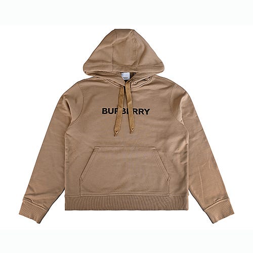 【BURBERRY】英文燙印LOGO純棉長袖束繩連帽T恤(女款/駝棕)