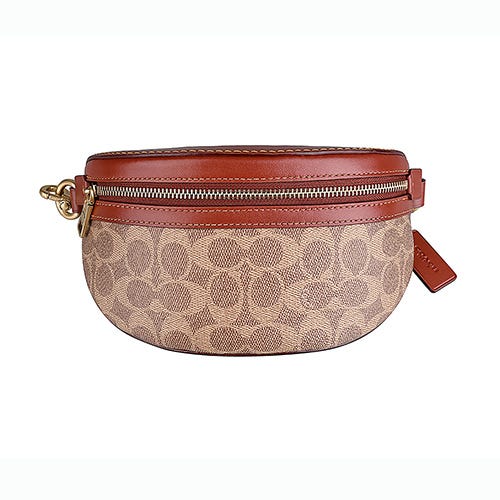 【COACH】Bethany滿版C字LOGO牛皮搭帆布胸腰包(卡其x鏽橙)