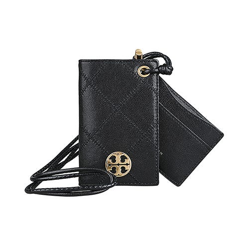 【TORY BURCH】Willa雙T金屬LOGO牛皮菱格絎縫掛繩卡片夾(黑)