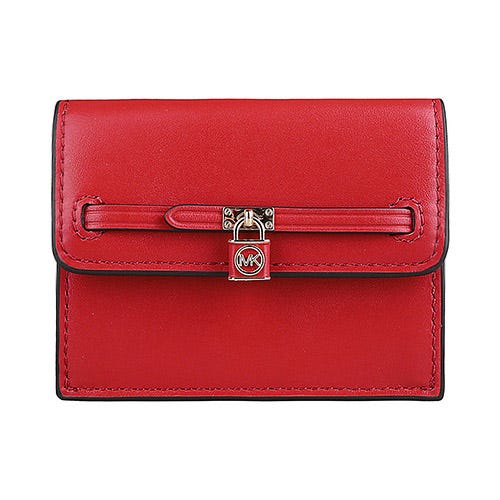 【MICHAEL KORS】Hamilton Legacy鎖頭金屬LOGO牛皮2卡按釦式卡夾零錢包(紅)
