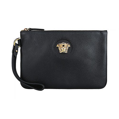 【VERSACE】美杜莎金頭像LOGO粒面牛皮內搭帆布拉鍊手拿包(黑)