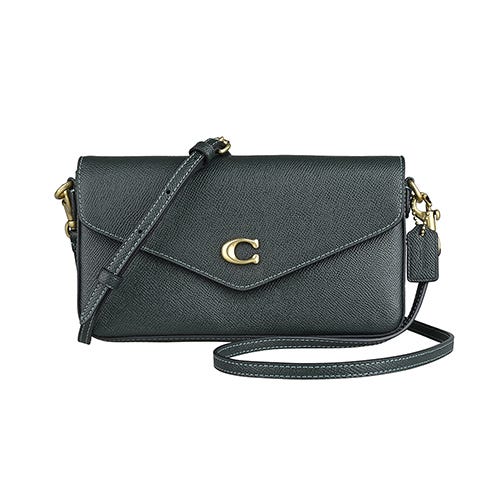 【COACH】Wyn Crossbody復古C字LOGO牛皮搭尼龍內襯磁吸釦斜背包(亞馬遜綠/附長卡夾)