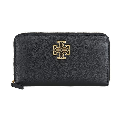 【TORY BURCH】Britten金屬框邊T字LOGO小牛皮8卡全開式拉鏈長夾(黑/附鍊帶卡夾)