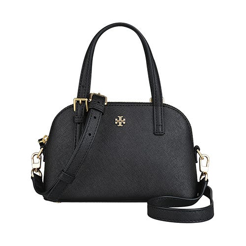 【TORY BURCH】Emerson大寫雙T字LOGO十字紋牛皮拉鍊斜背貝殼包(迷你/黑)