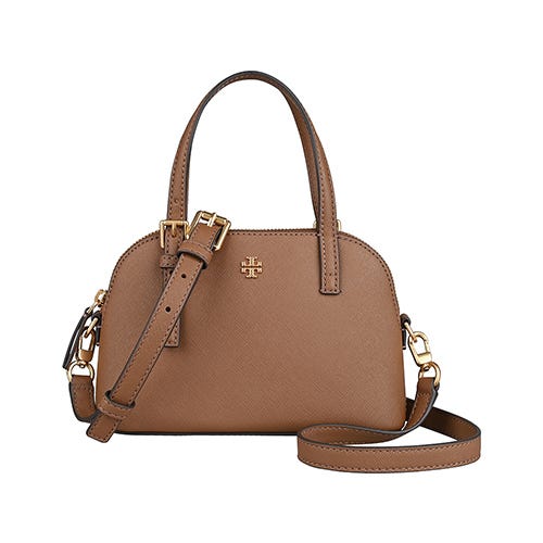 【TORY BURCH】Emerson大寫雙T字LOGO十字紋牛皮拉鍊斜背貝殼包(迷你/駝鹿棕)