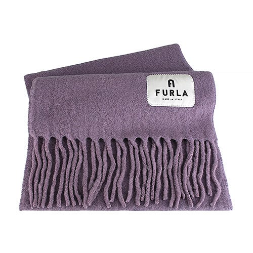 【FURLA】Moon布標貼LOGO純色羊毛混紡流蘇造型圍巾(光環紫)