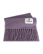 【FURLA】Moon布標貼LOGO純色羊毛混紡流蘇造型圍巾(光環紫)
