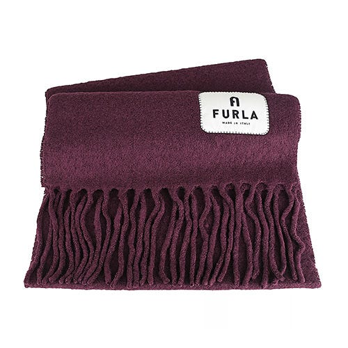 【FURLA】Moon布標貼LOGO純色羊毛混紡流蘇造型圍巾(酒紅)