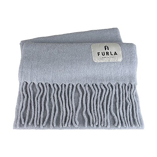 【FURLA】Moon布標貼LOGO純色羊毛混紡流蘇造型圍巾(蒿屬灰)