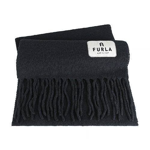 【FURLA】Moon布標貼LOGO純色羊毛混紡流蘇造型圍巾(黑)