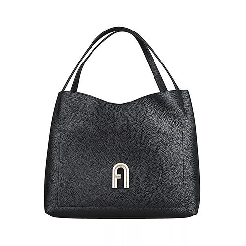 【FURLA】PRIMULA立體金屬LOGO小牛皮內搭麂皮開放式肩背包(大/黑)