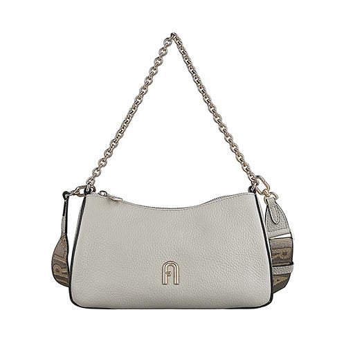【FURLA】PRIMULA立體金字LOGO牛皮搭尼龍內襯拉鍊斜背包(迷你/大理石灰)