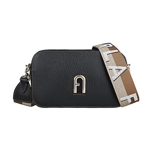 【FURLA】PRIMULA立體字母LOGO粒面牛皮內搭尼龍拉鍊斜背相機包(黑)