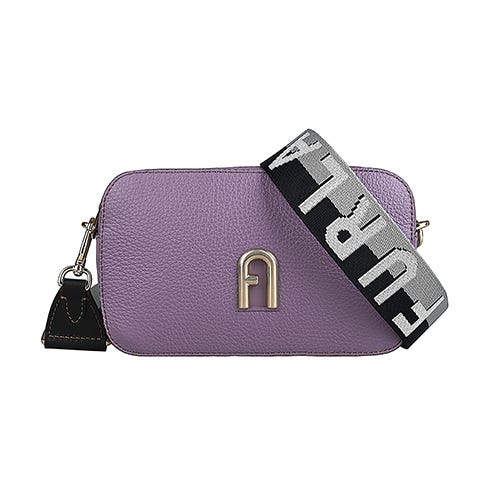 【FURLA】PRIMULA立體字母LOGO粒面牛皮內搭尼龍拉鍊斜背相機包(芋紫)