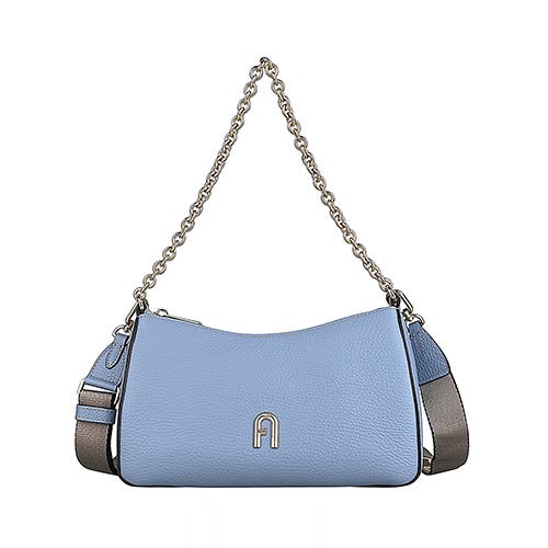 【FURLA】PRIMULA英文燙金LOGO牛皮搭尼龍內襯拉鍊斜背包(迷你/天空藍)