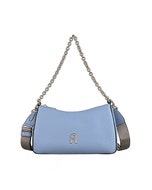 【FURLA】PRIMULA英文燙金LOGO牛皮搭尼龍內襯拉鍊斜背包(迷你/天空藍)