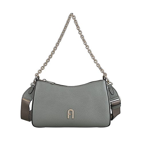 【FURLA】PRIMULA英文燙金LOGO牛皮搭尼龍內襯拉鍊斜背包(迷你/仙人掌綠)