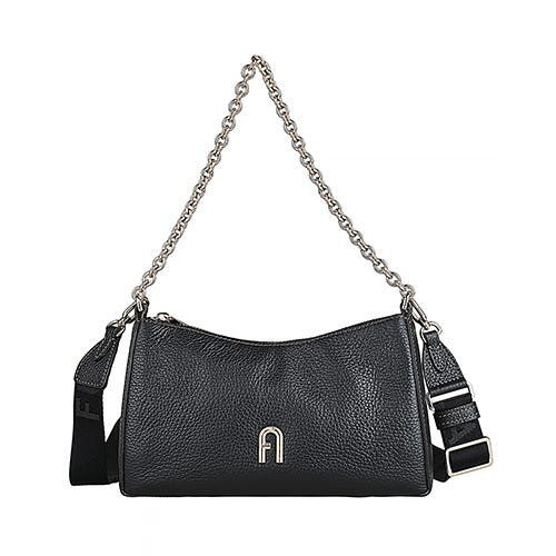 【FURLA】PRIMULA英文燙金LOGO牛皮搭尼龍內襯拉鍊斜背包(迷你/黑)