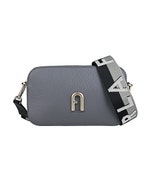 【FURLA】PRIMULA立體字母LOGO粒面牛皮內搭尼龍拉鍊斜背相機包(土壤灰)