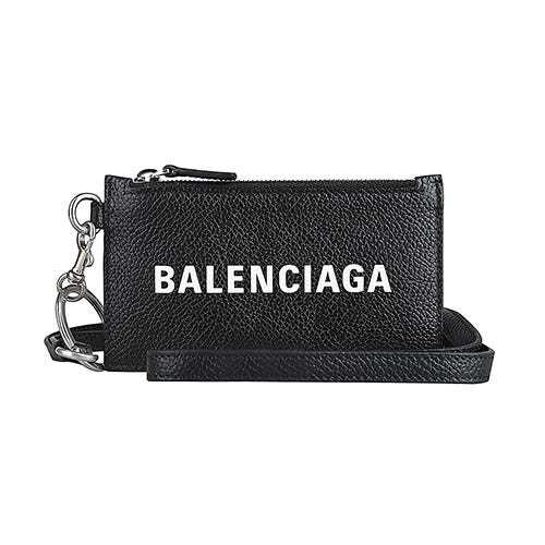 【BALENCIAGA】巴黎世家 白字壓印LOGO粒面牛皮4卡頸帶式拉鍊卡夾零錢包(黑)