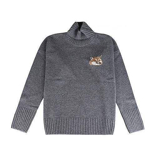 【Maison Kitsuné】狐狸頭LOGO柔軟羊毛長袖高領毛衣(男款/灰)
