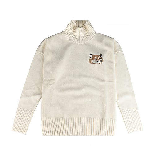 【Maison Kitsuné】狐狸頭LOGO柔軟羊毛長袖高領毛衣(男款/米白)