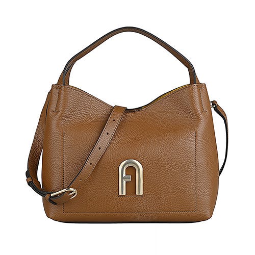 【FURLA】Primula復古字母LOGO小牛皮搭麂皮絨內襯磁釦式斜背包(小/白蘭地棕)