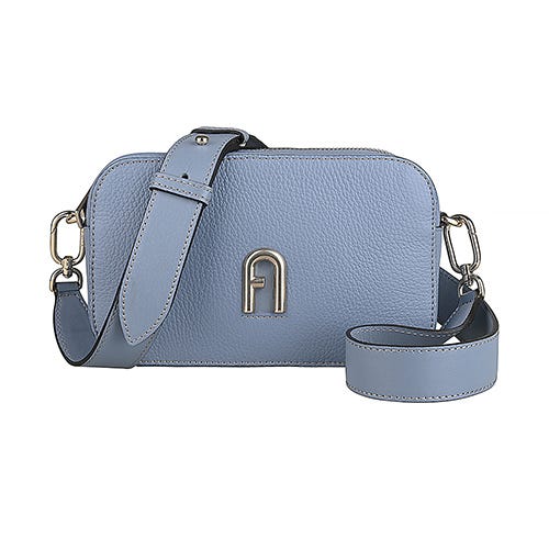 【FURLA】Primula金漆印字LOGO粒面小牛皮拉鍊斜背包(迷你/星辰灰藍)