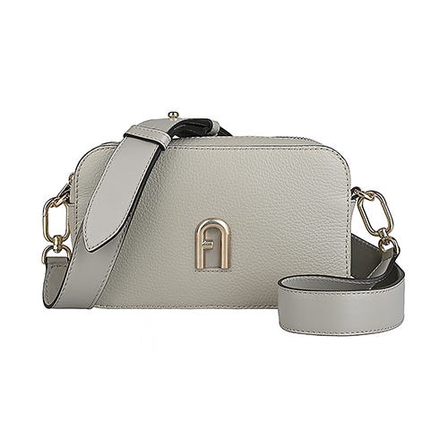 【FURLA】Primula金漆印字LOGO粒面小牛皮拉鍊斜背包(迷你/瑪莫灰)