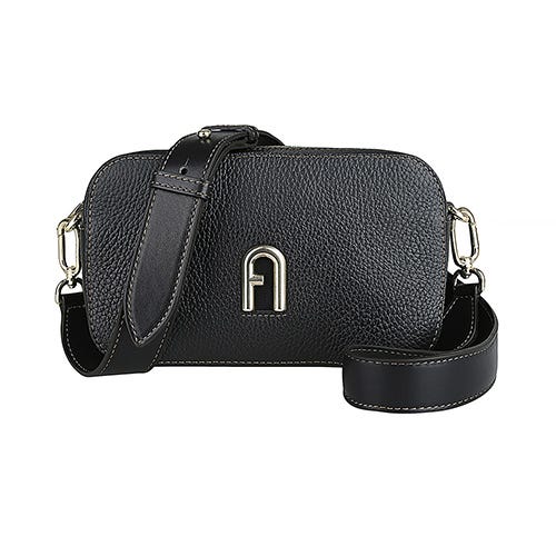 【FURLA】Primula金漆印字LOGO粒面小牛皮拉鍊斜背包(迷你/黑)