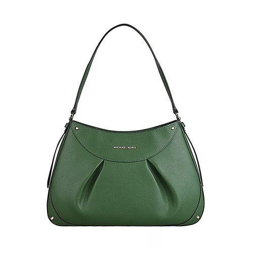 【MICHAEL KORS】Enzo電鍍金屬LOGO牛皮內摺造型拉鍊肩背包(中/亞馬遜綠)