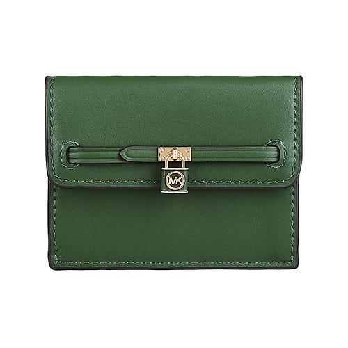 【MICHAEL KORS】Hamilton Legacy鎖頭金屬LOGO牛皮2卡按釦式卡夾零錢包(亞馬遜綠)