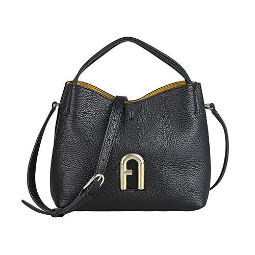【FURLA】Primula仿舊金屬LOGO壓紋小牛皮鉤環扣斜背包(迷你/黑)