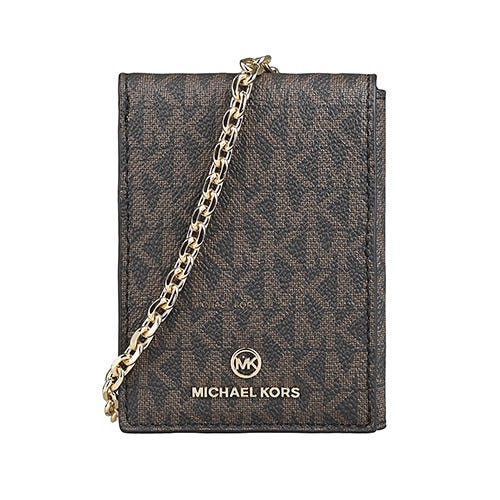 【MICHAEL KORS】Jet Set金屬LOGO牛皮拼滿版印花PVC 6卡三折按釦鏈帶短夾(深棕x橡子棕)