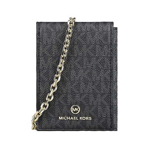 【MICHAEL KORS】Jet Set金屬LOGO牛皮拼滿版印花PVC 6卡三折按釦鏈帶短夾(炭黑x黑)