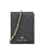 【MICHAEL KORS】Jet Set金屬LOGO牛皮拼滿版印花PVC 6卡三折按釦鏈帶短夾(炭黑x黑)