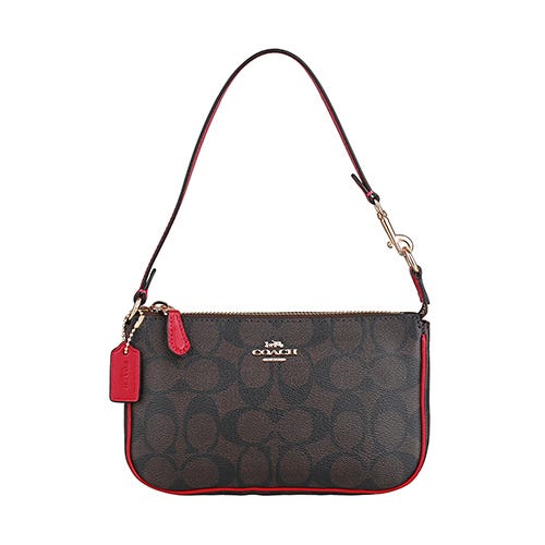 【COACH】Nolita 19英文鍍金LOGO牛皮拼滿版印花拉鍊肩背麻將包(小/深棕x紅)