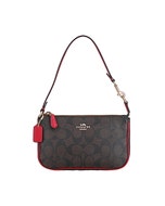 【COACH】Nolita 19英文鍍金LOGO牛皮拼滿版印花拉鍊肩背麻將包(小/深棕x紅)