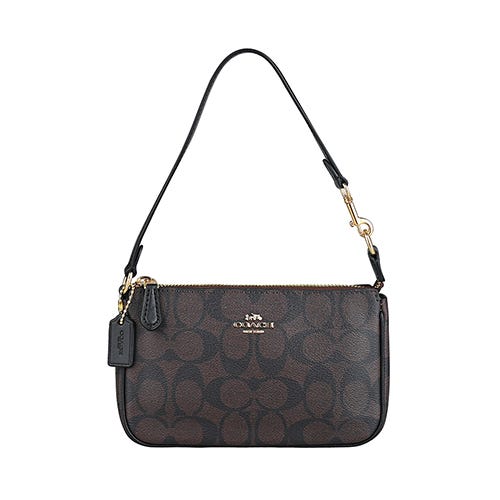 【COACH】Nolita 19英文鍍金LOGO牛皮拼滿版印花拉鍊肩背麻將包(小/深棕x黑)