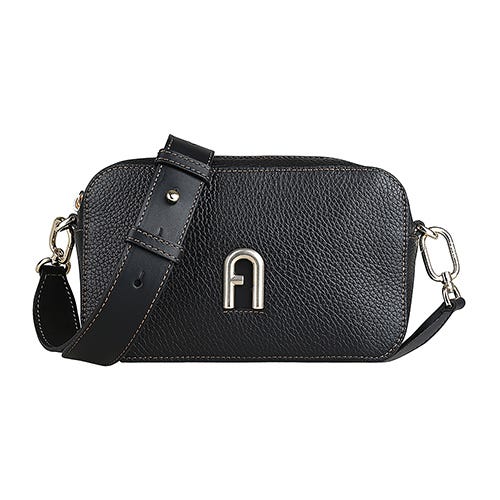 【FURLA】PRIMULA燙金LOGO粒面牛皮拉鍊斜背相機包(迷你/黑)