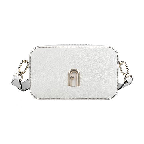 【FURLA】PRIMULA燙金LOGO粒面牛皮拉鍊斜背相機包(迷你/棉花糖白)