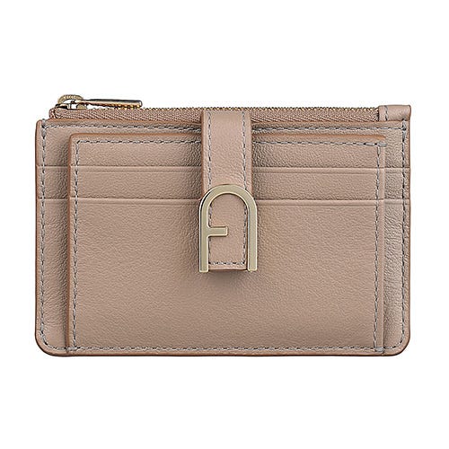 【FURLA】FLOW立體LOGO小牛皮5卡按釦式拉鍊卡夾零錢包(坯布棕)